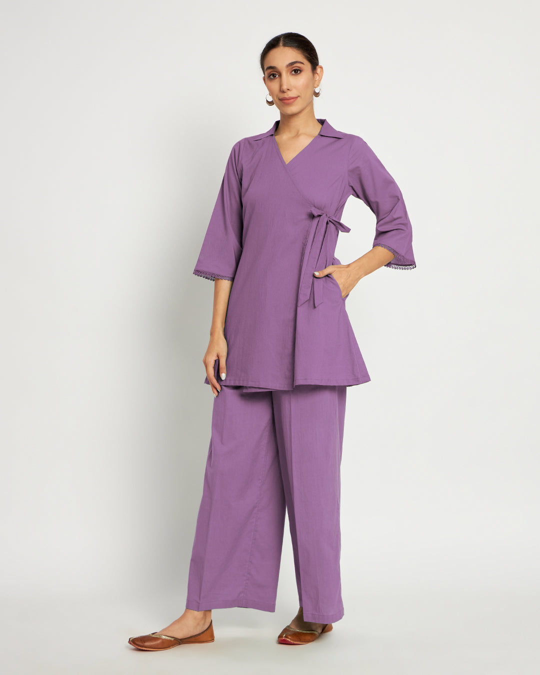 Wisteria Purple Collar Neck Angrakha Solid Co-ord Set
