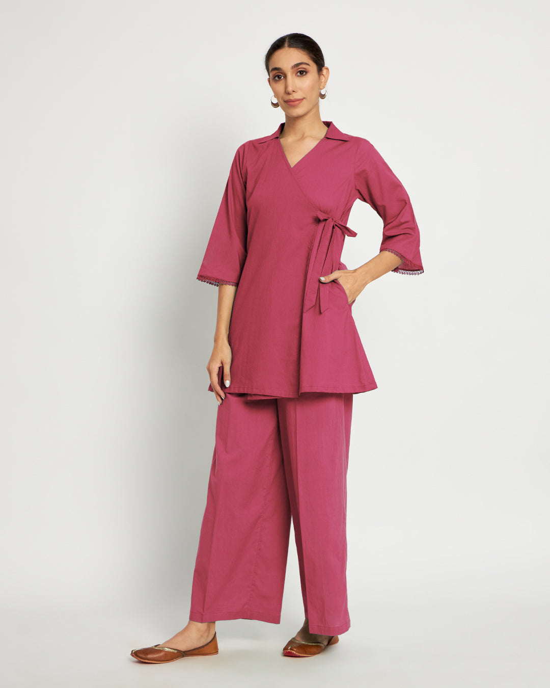 Zinnia Pink Collar Neck Angrakha Solid Co-ord Set