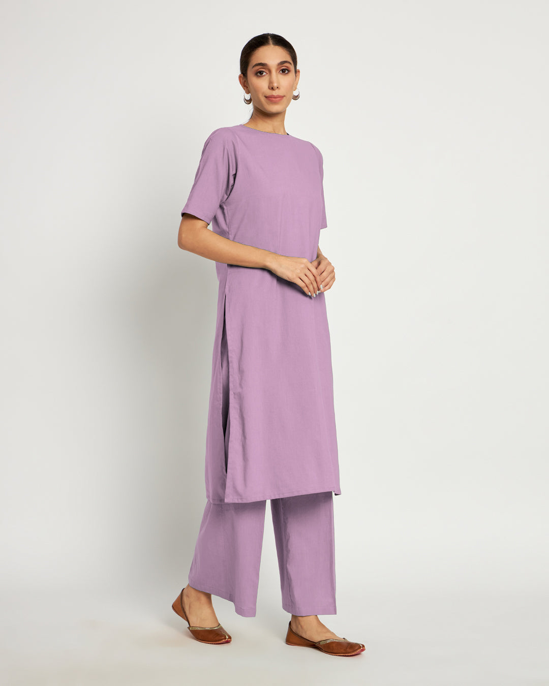 Iris Pink Round Neck Long Solid Co-ord Set