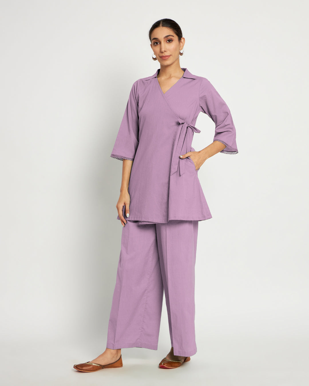 Iris Pink Collar Neck Angrakha Solid Co-ord Set