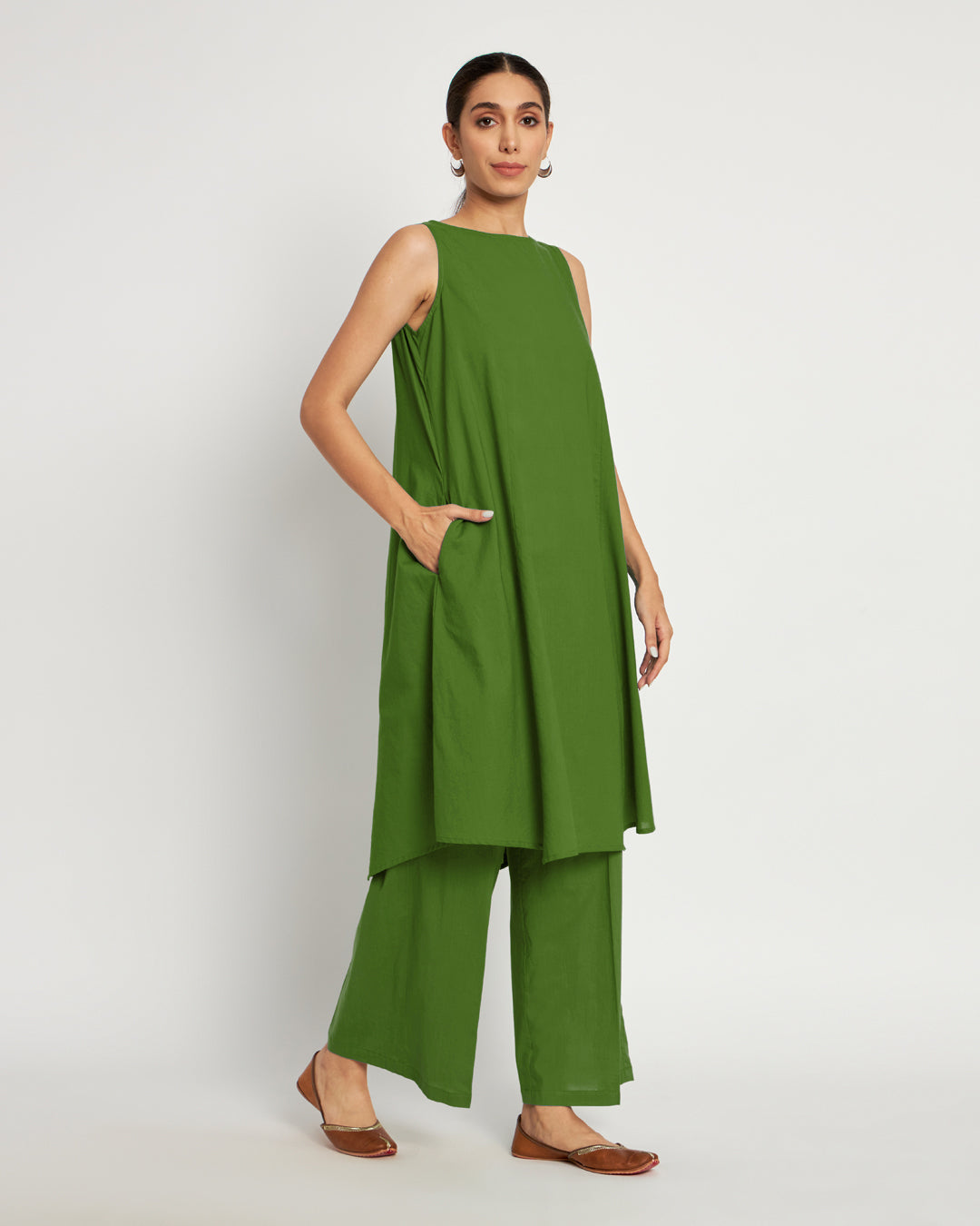 Greening Spring Sleeveless A-Line Solid Co-ord Set