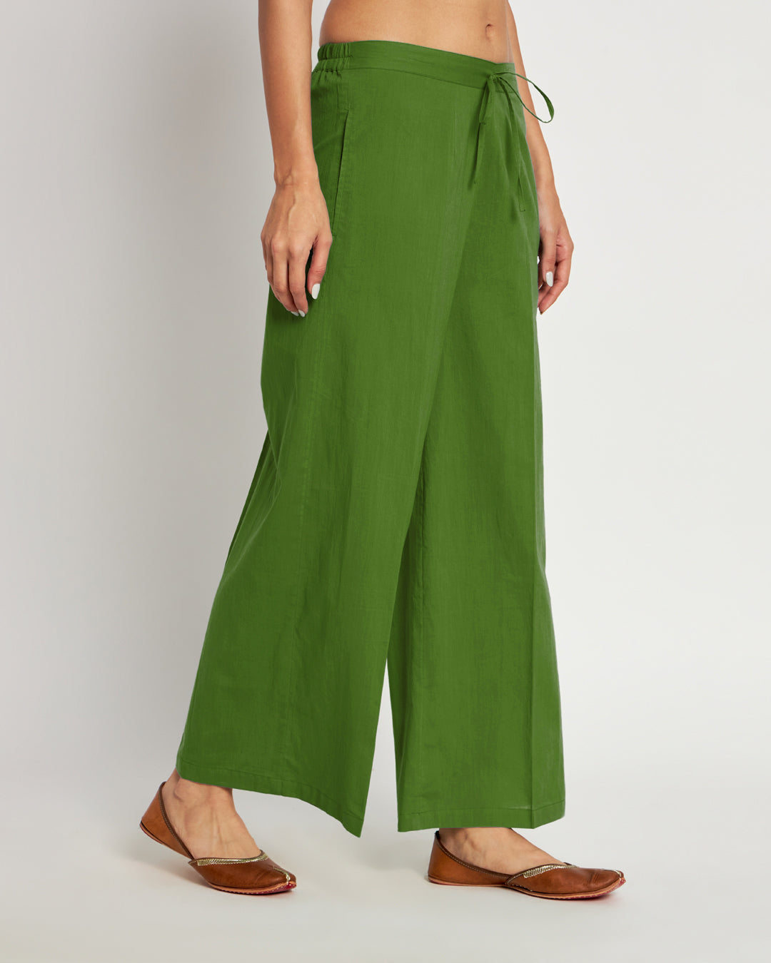 Combo: Beige & Greening Spring Wide Pants- Set Of 2