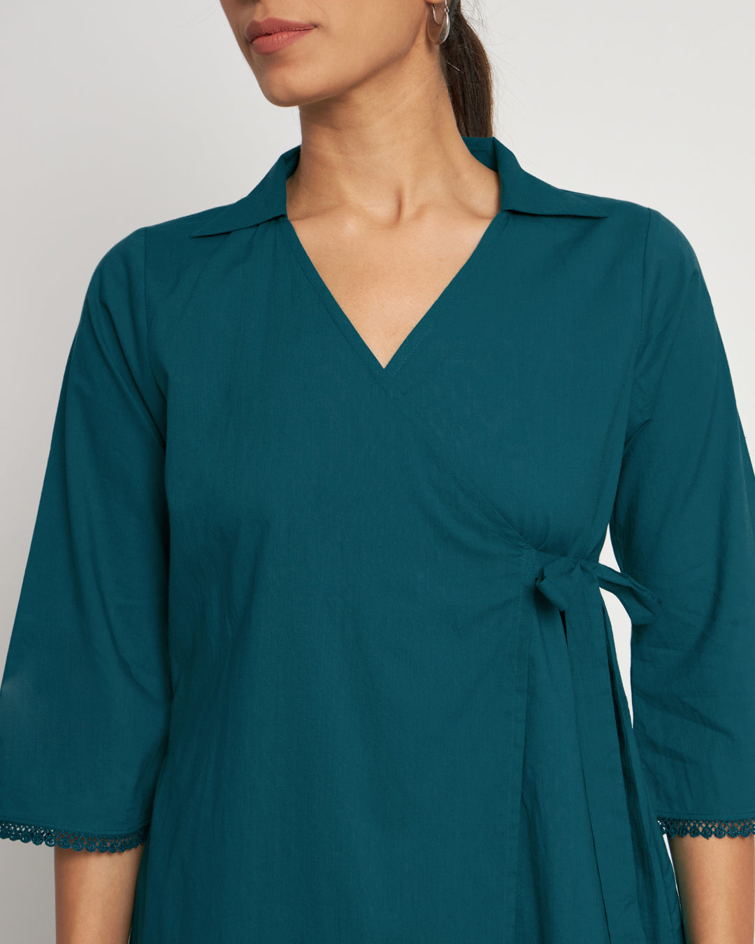Deep Teal Collar Neck Angrakha Solid Top (Without Bottoms)