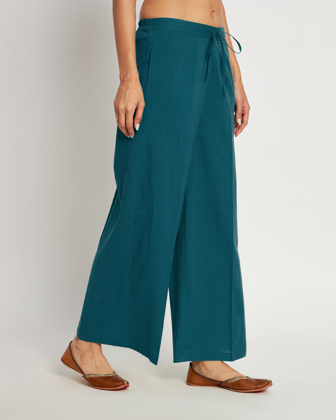 Combo: Beige & Deep Teal Wide Pants- Set Of 2