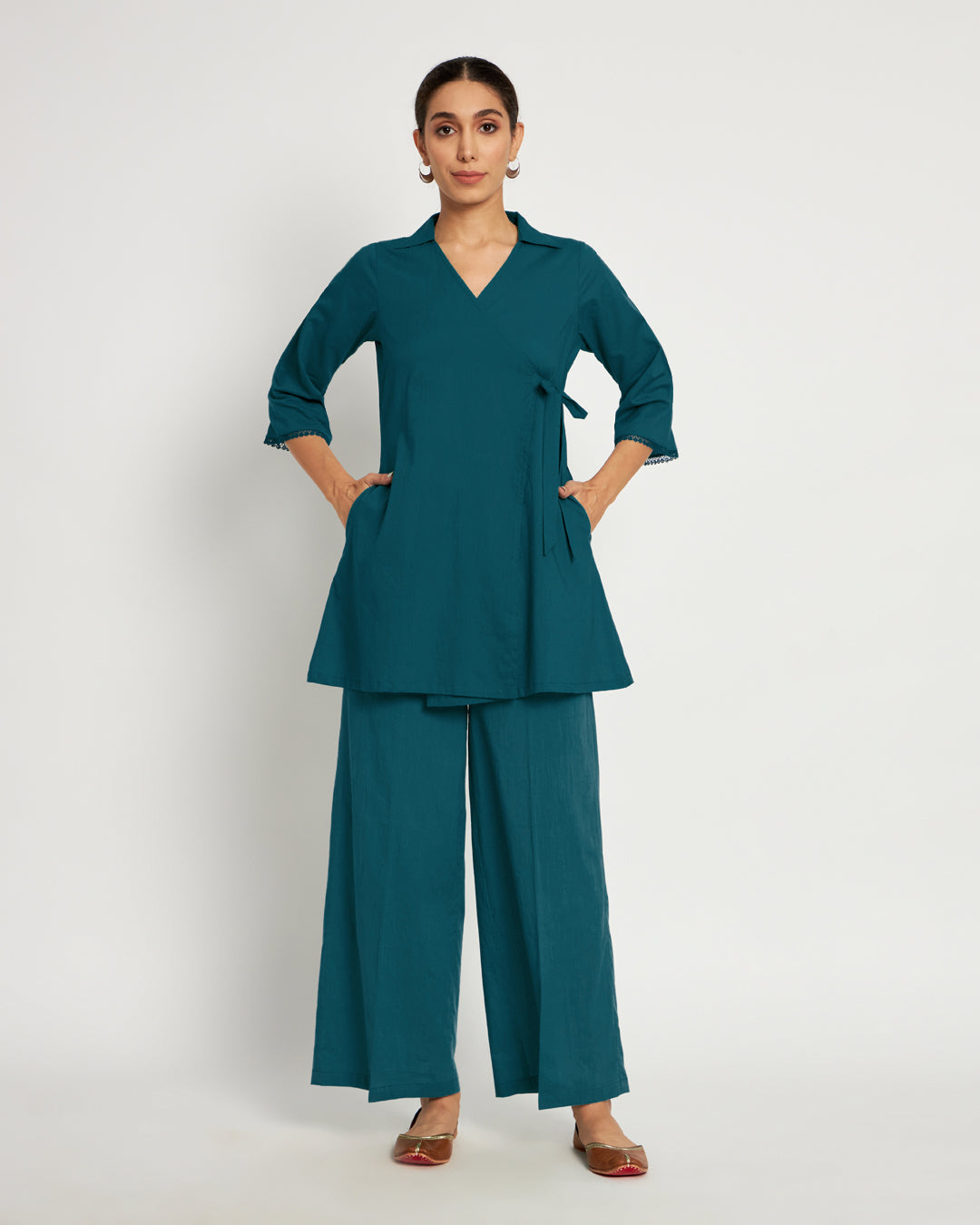 Deep Teal Collar Neck Angrakha Solid Top (Without Bottoms)