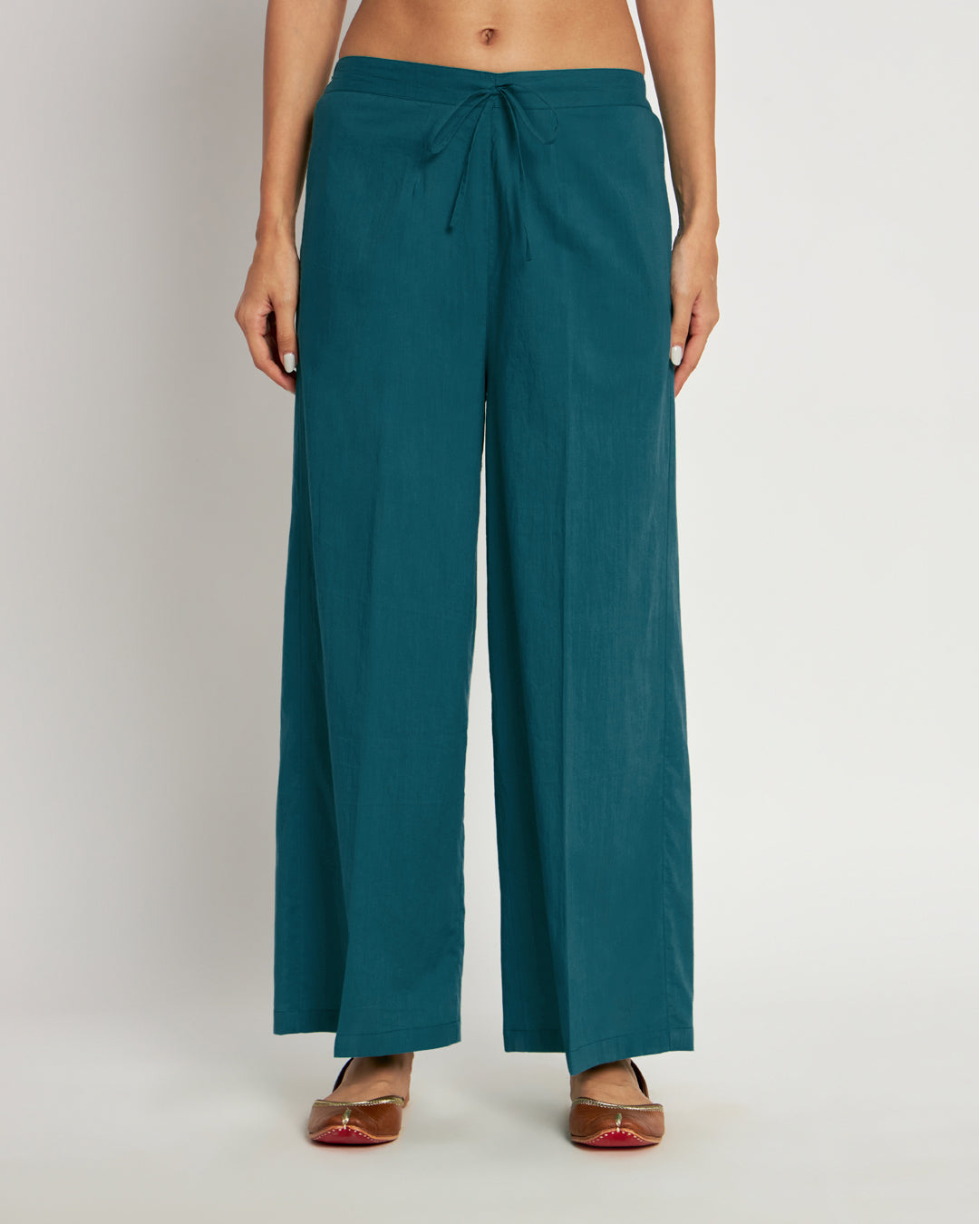 Combo: Beige & Deep Teal Wide Pants- Set Of 2