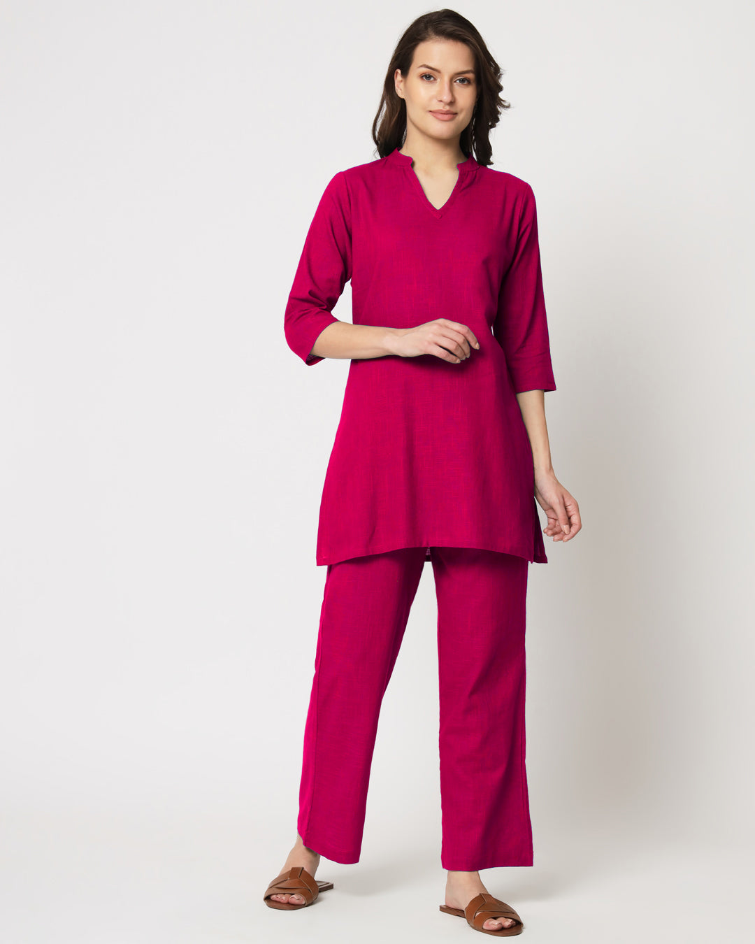Queen's Gulabi Collar Neck Mid Length Solid Kurta (Without Bottoms)