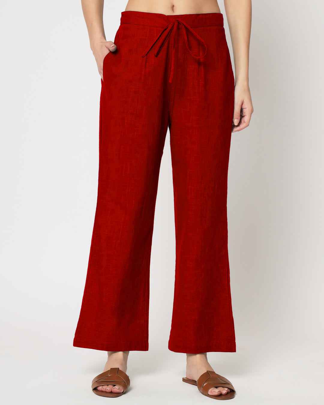 Classic Red Collar Neck Mid Length Solid Co-ord Set