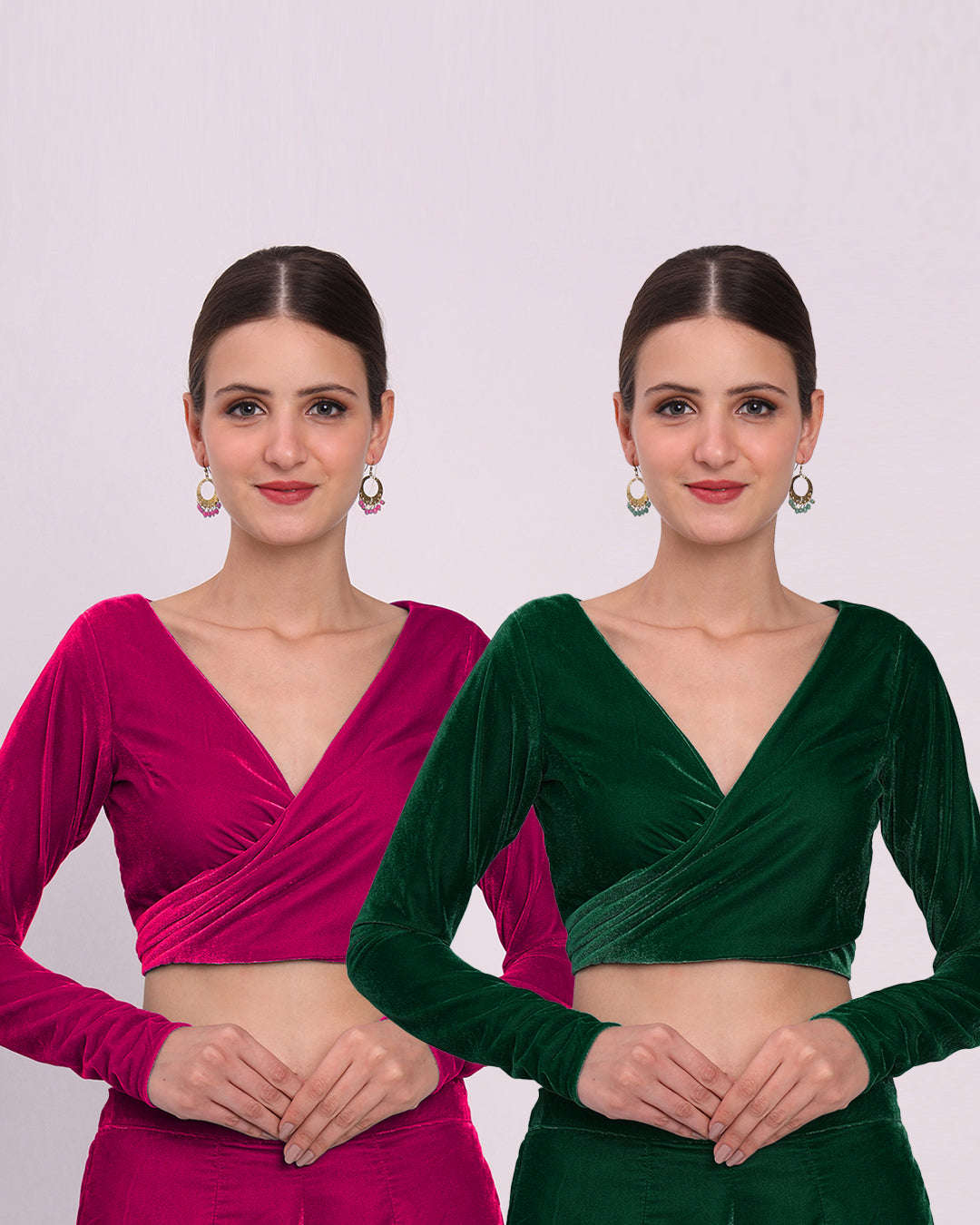 Combo: Queen's Gulabi & Deep Teal Knotty By Nature Velvet Blouse- Set of 2