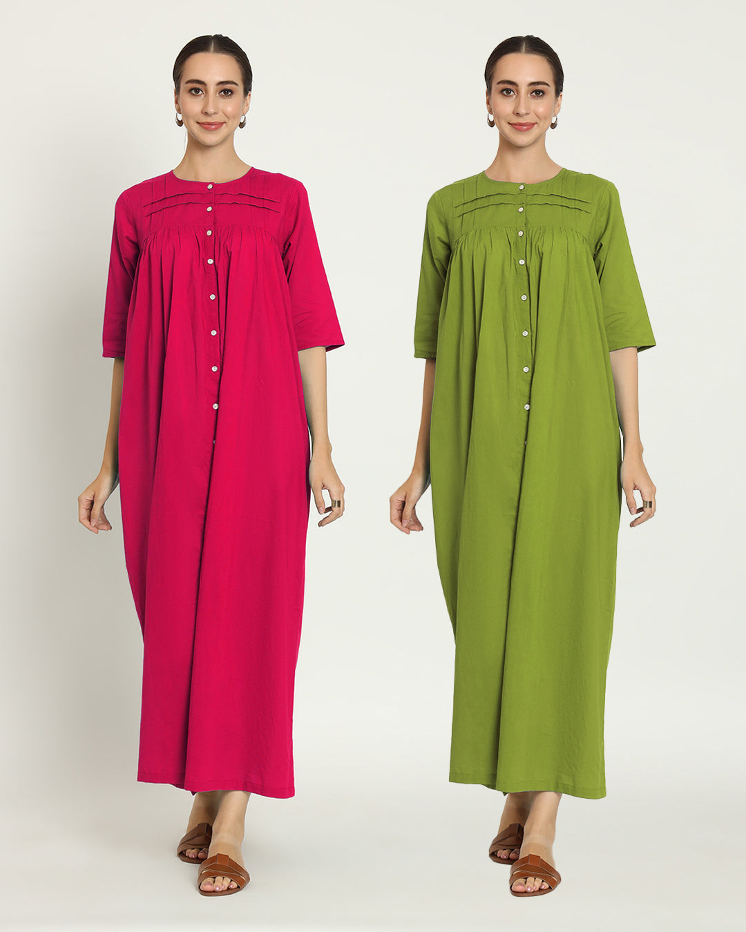 Combo: Queen's Gulabi & Sage Green Pleated Paradise Maxi Nightdress- Set Of 2