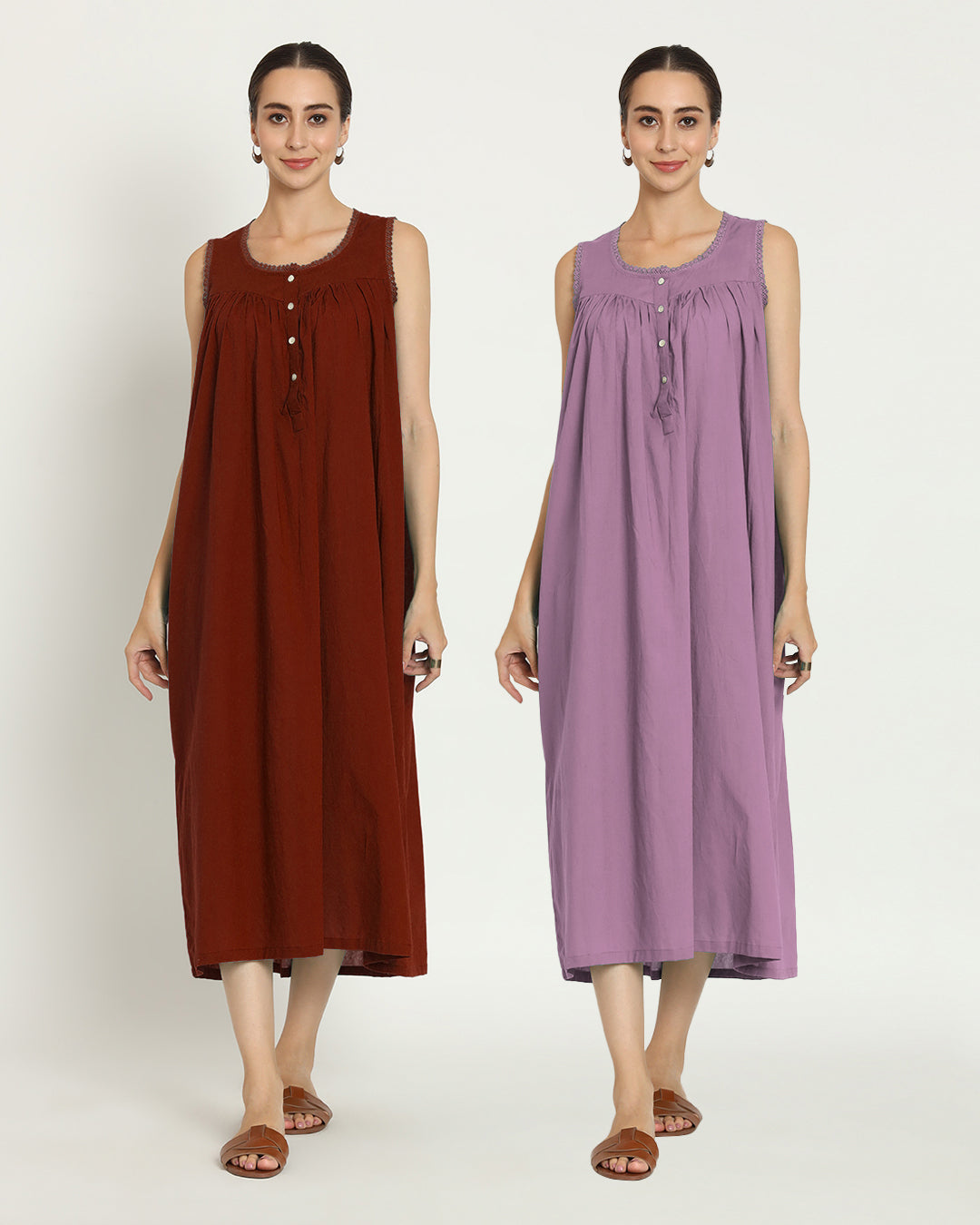 Combo: Russet Red & Iris Pink Moonlight Mirage Nightdress- Set Of 2