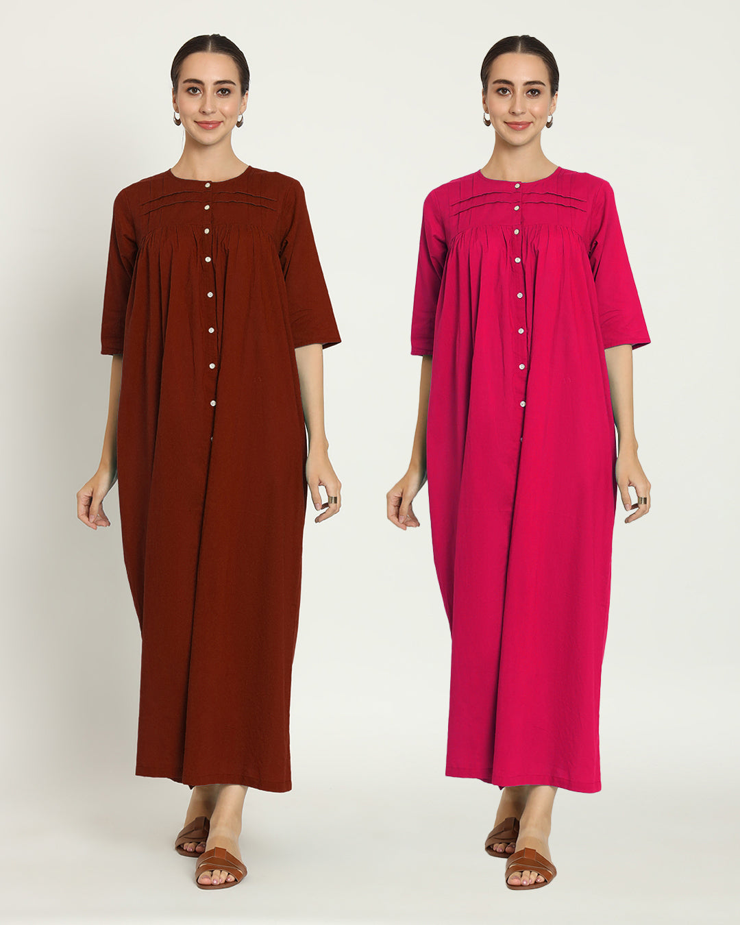 Combo: Russet Red & Queen's Gulabi Pleated Paradise Maxi Nightdress- Set Of 2