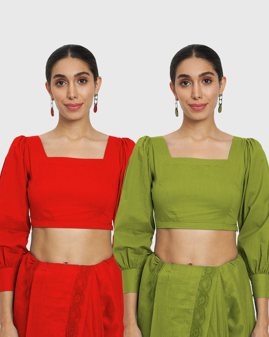 Combo: Classic Red & Sage Green Squared Sleekness Blouse- Set of 2