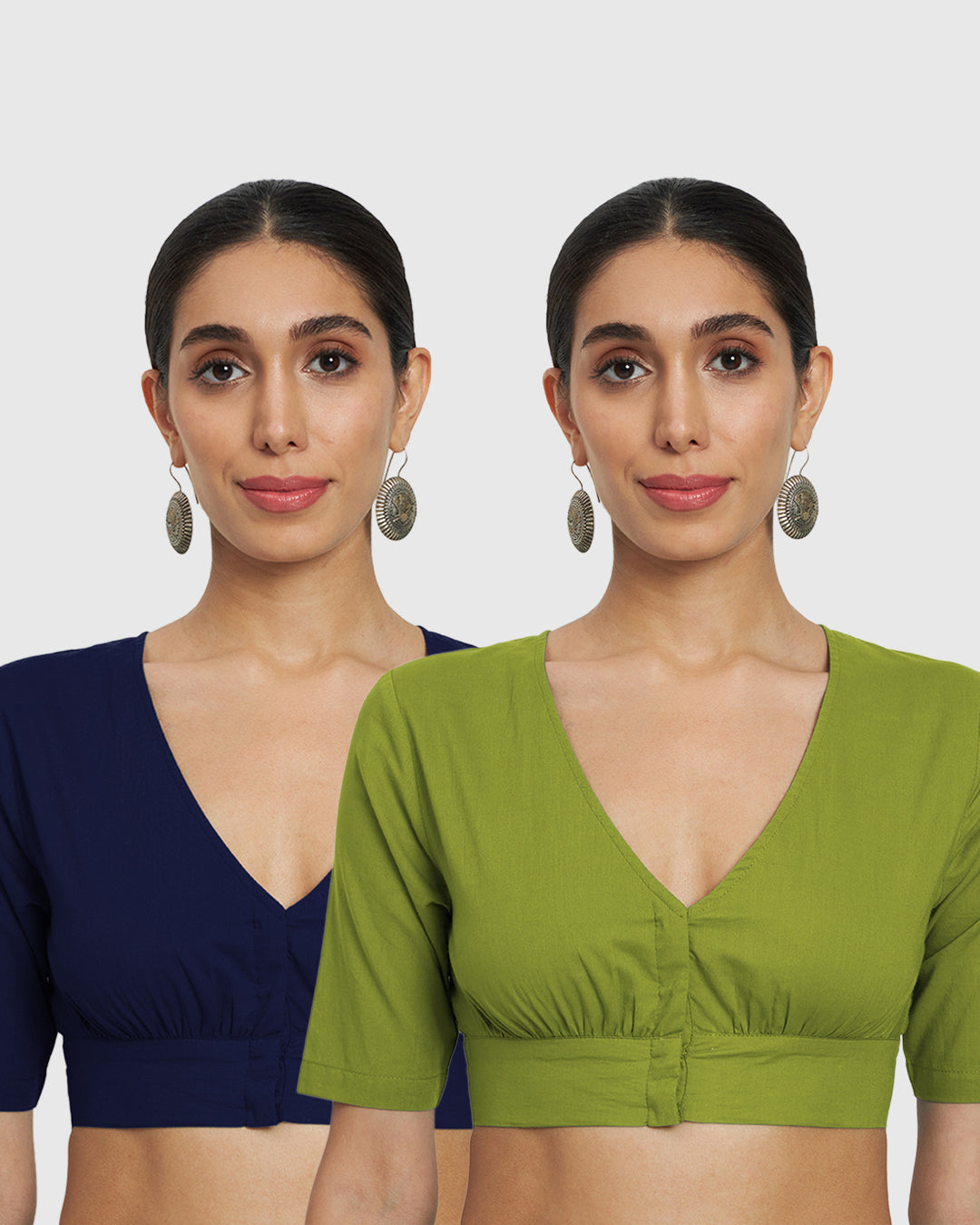 Combo: Midnight Blue & Sage Green V Gathers Blouse- Set of 2