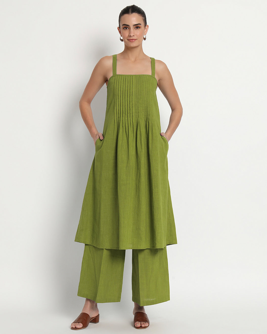Sage Green Dreamy Flare Spaghetti Solid Co-ord Set