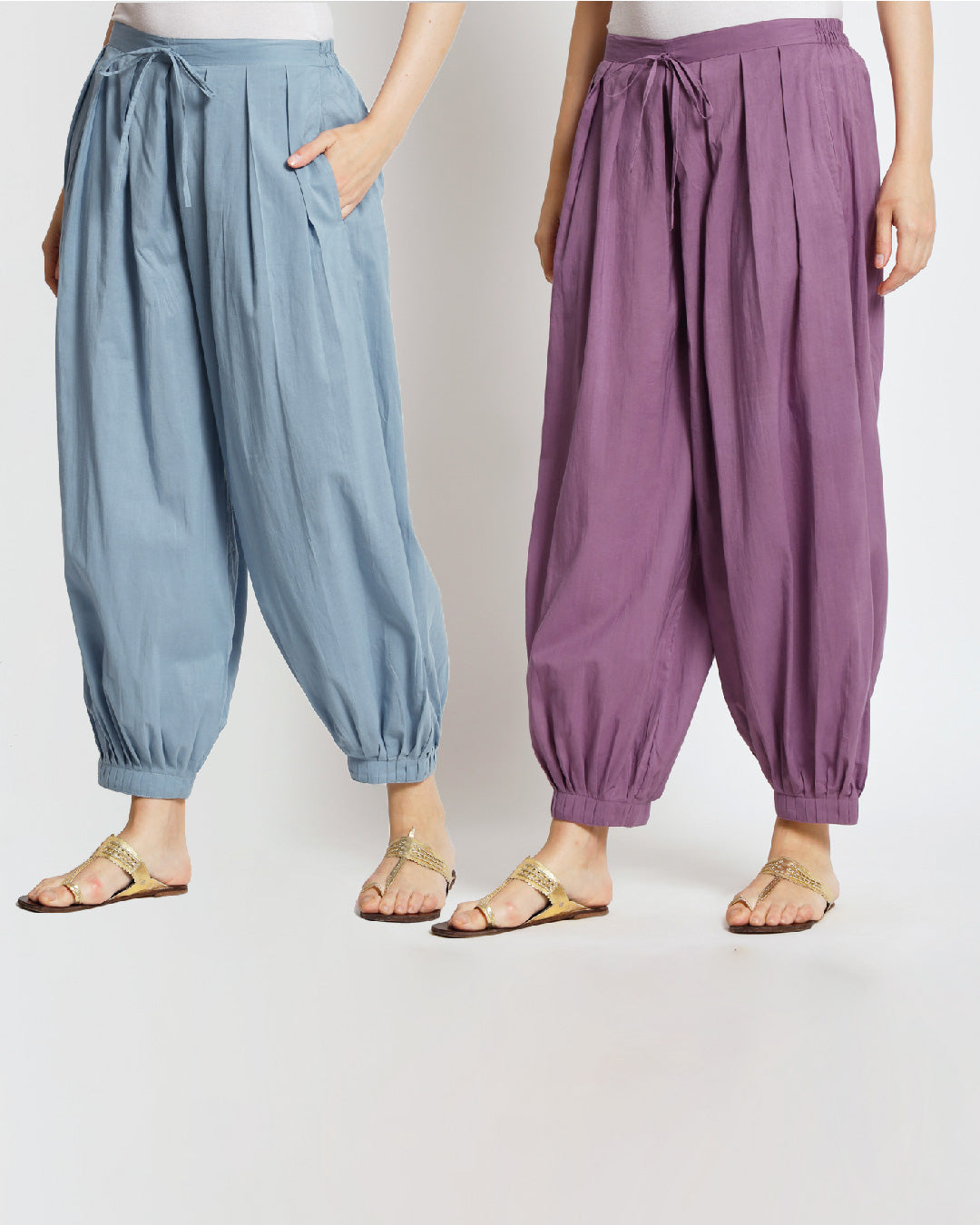 Combo: Blue Dawn & Wisteria Purple Pleated Salwar- Set of 2