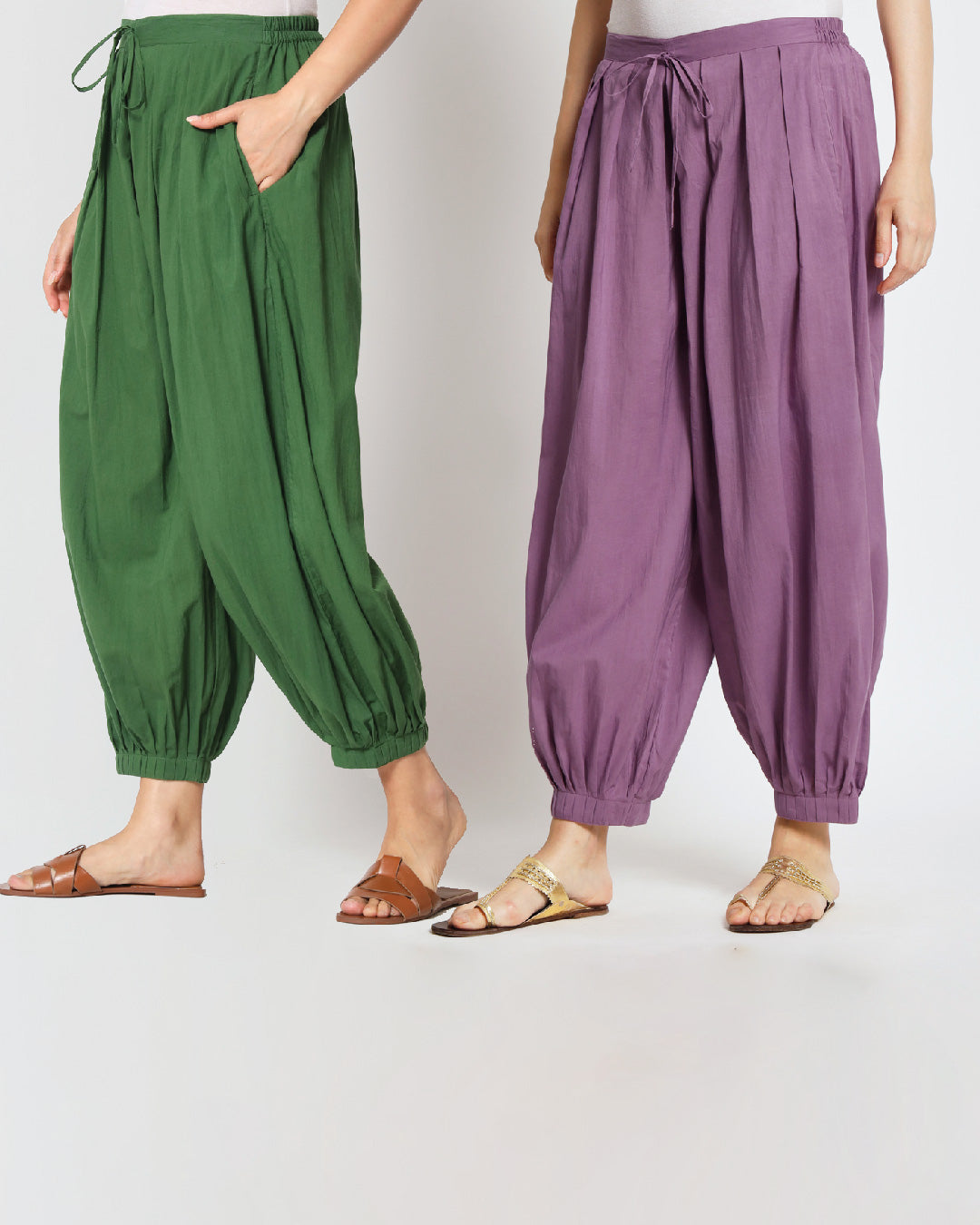 Combo: Greening Spring & Wisteria Purple Pleated Salwar- Set of 2