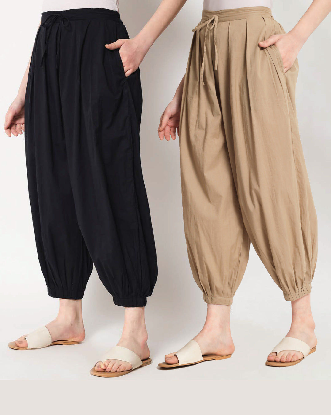 Combo: Black & Beige Pleated Salwar- Set of 2