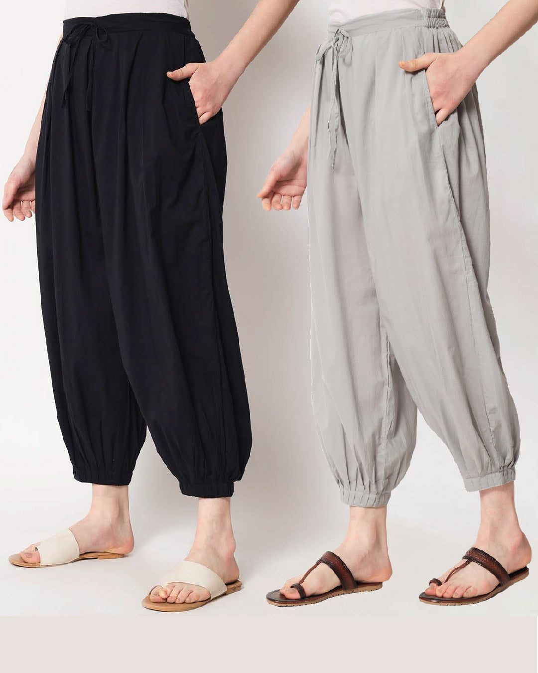 Combo: Black & Iced Grey Pleated Salwar- Set of 2