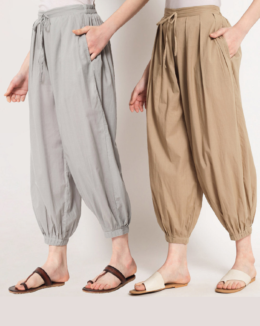 Combo: Iced Grey & Beige Pleated Salwar- Set of 2