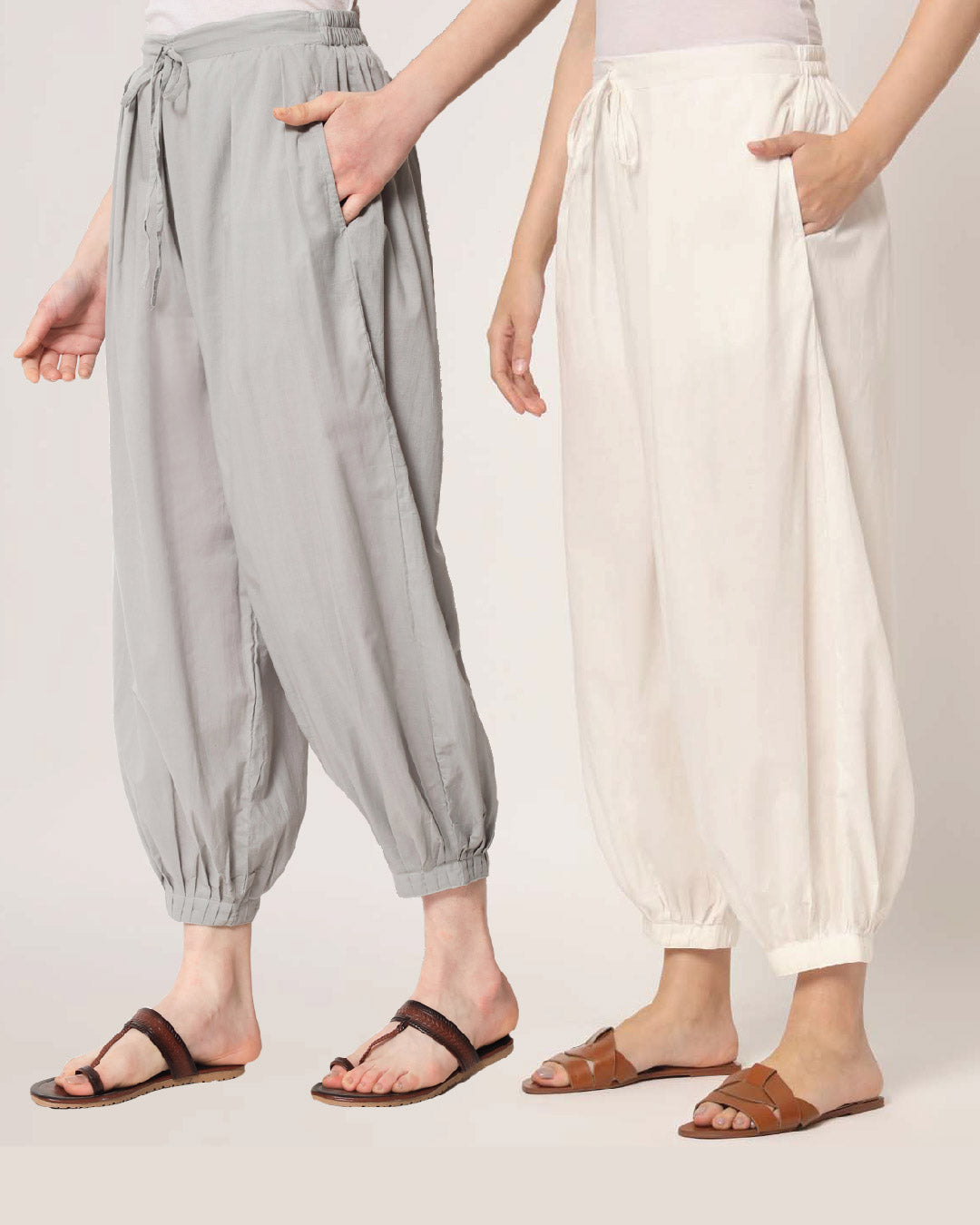 Combo: Iced Grey & White Pleated Salwar- Set of 2