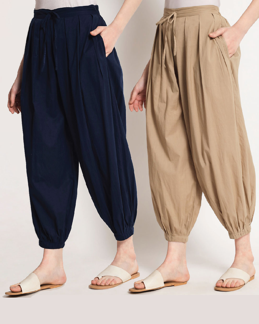 Combo: Midnight Blue & Beige Pleated Salwar- Set of 2