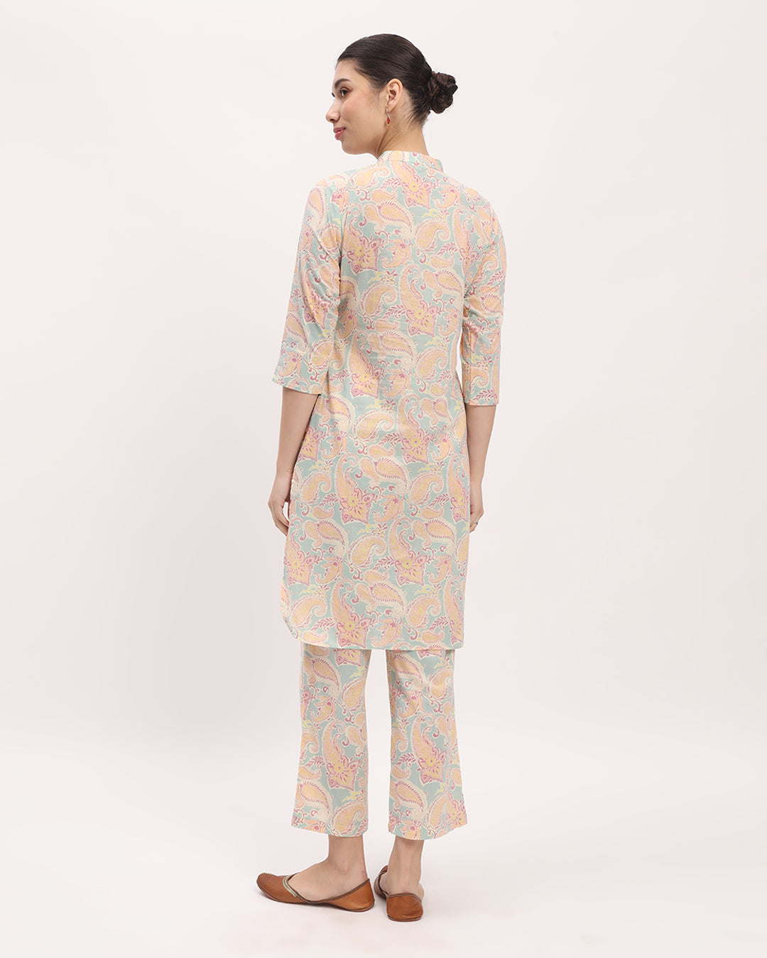 Combo: Yellow Chic Lines & Blue Tiffany Band Collar Neck Printed Kurta (Without Bottoms)