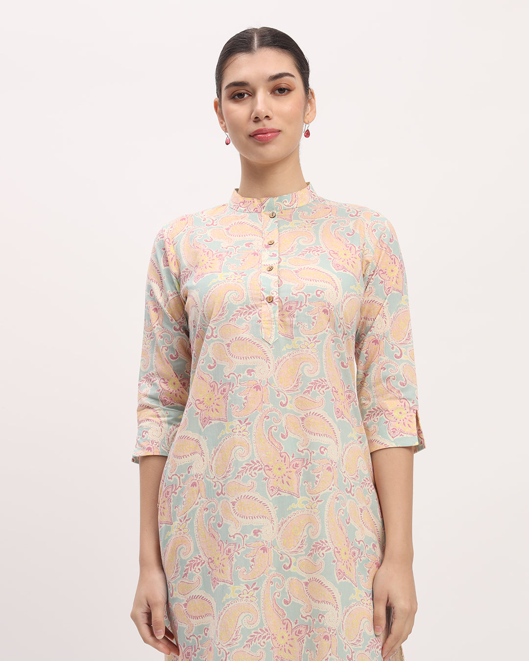 Tiffany Blue Paisely Band Collar Neck Printed Kurta (Without Bottoms)