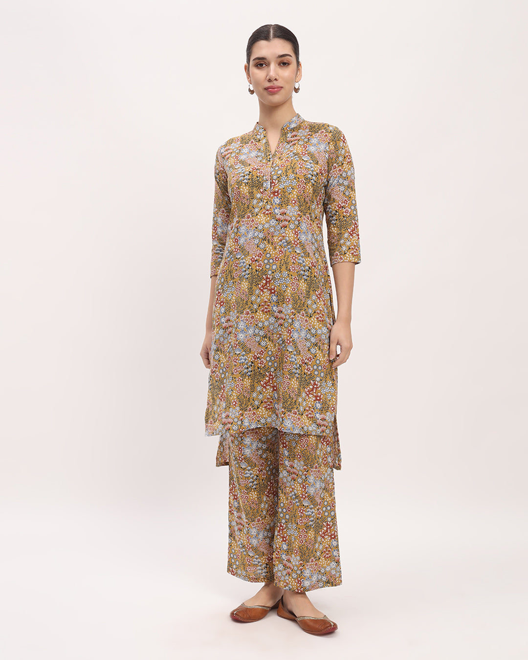 Combo: Golden Blossom & Ivory Quadrangle High-Low Printed Kurta (Without Bottoms)