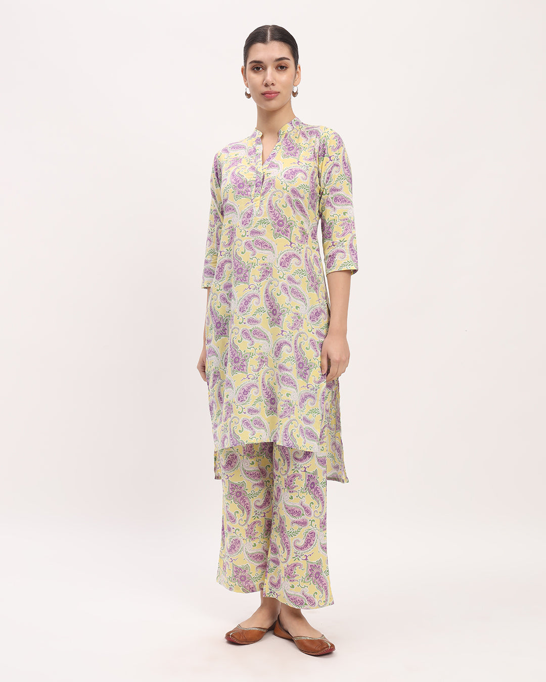 Combo: Golden Blossom & Lavender Paisley High-Low Printed Kurta (Without Bottoms)