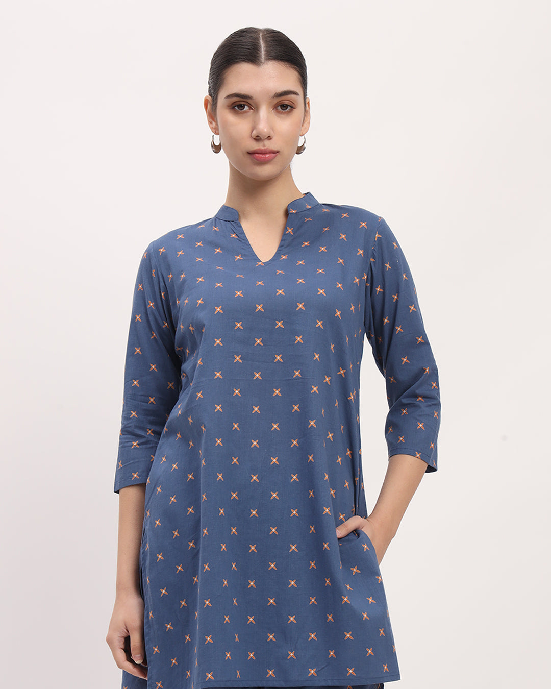 Blue Starry Tropical Mid Length Printed Kurta (Without Bottoms)