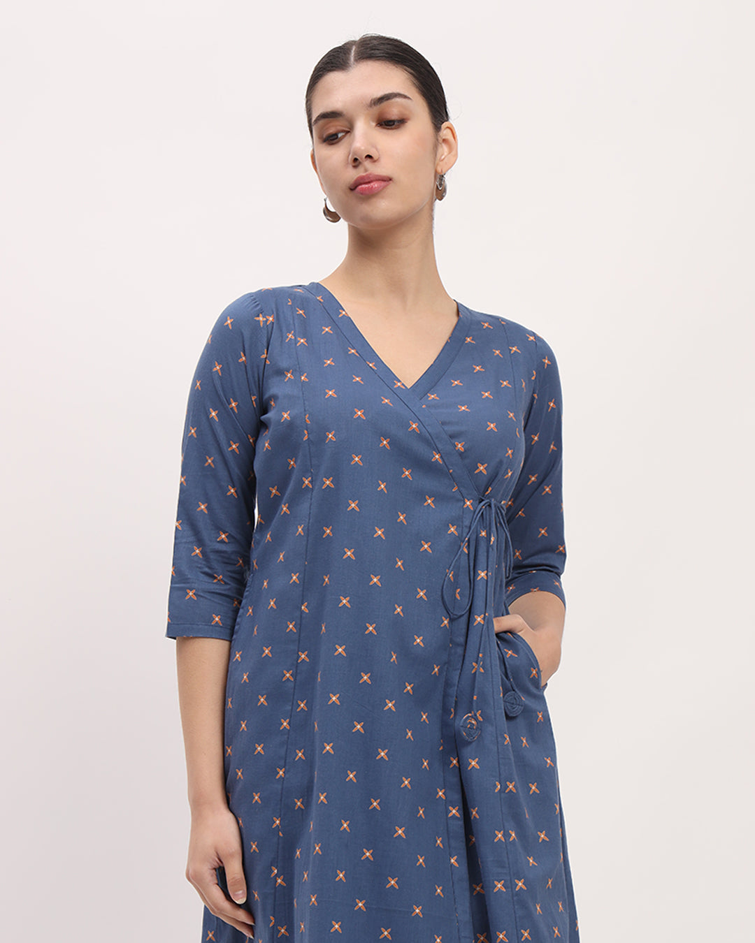 Blue Starry Tropical Angrakha Printed Kurta (Without Bottoms)