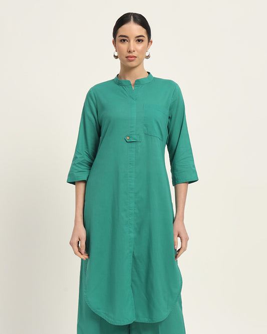 Green Gleam Urban Retreat Band Collar Kurta (Without Bottoms)