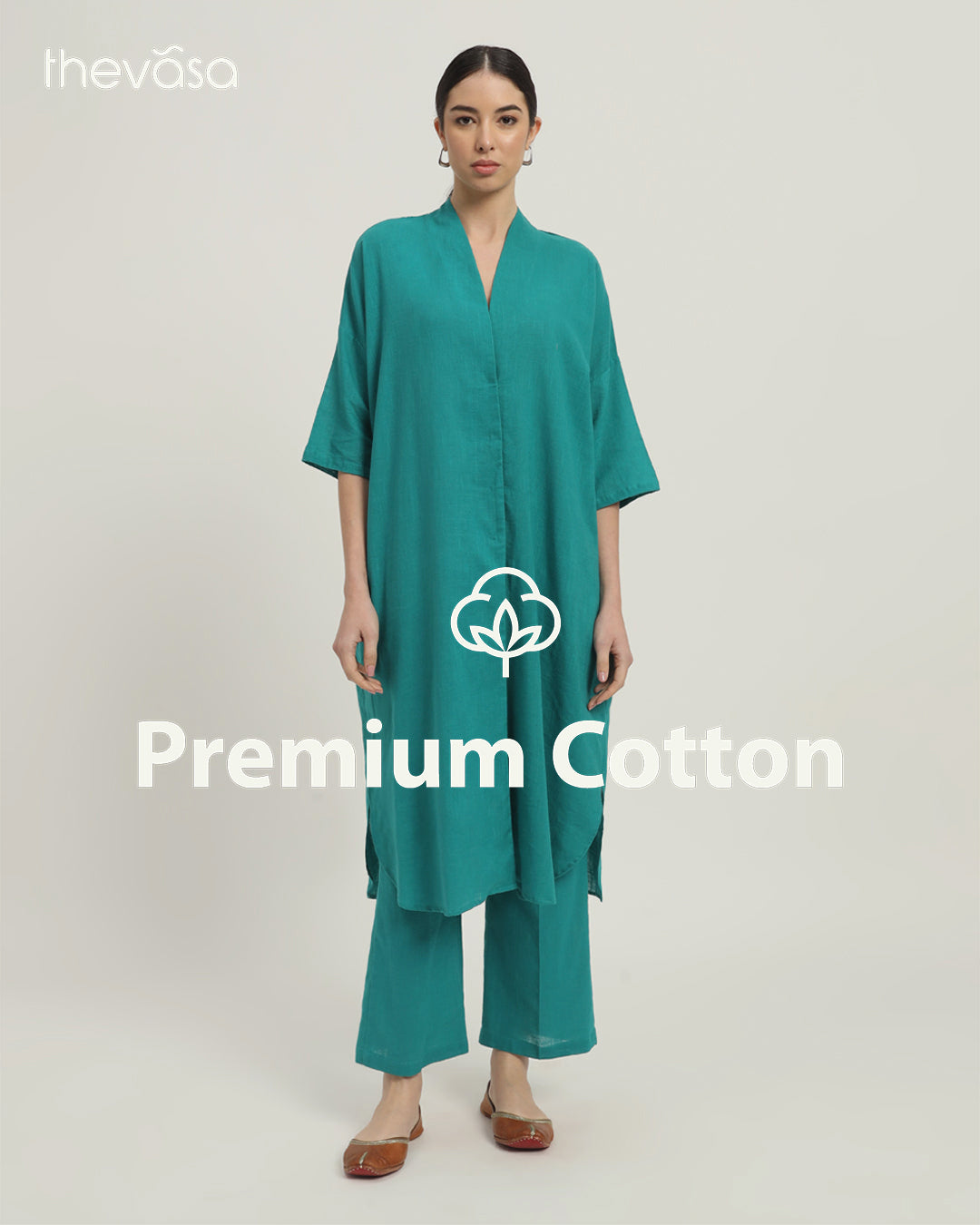 Green Gleam Serene Sojourn V Neck Solid Co-ord Set