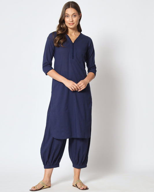 Midnight Blue Lace Affair Solid Kurta (Without Bottoms)