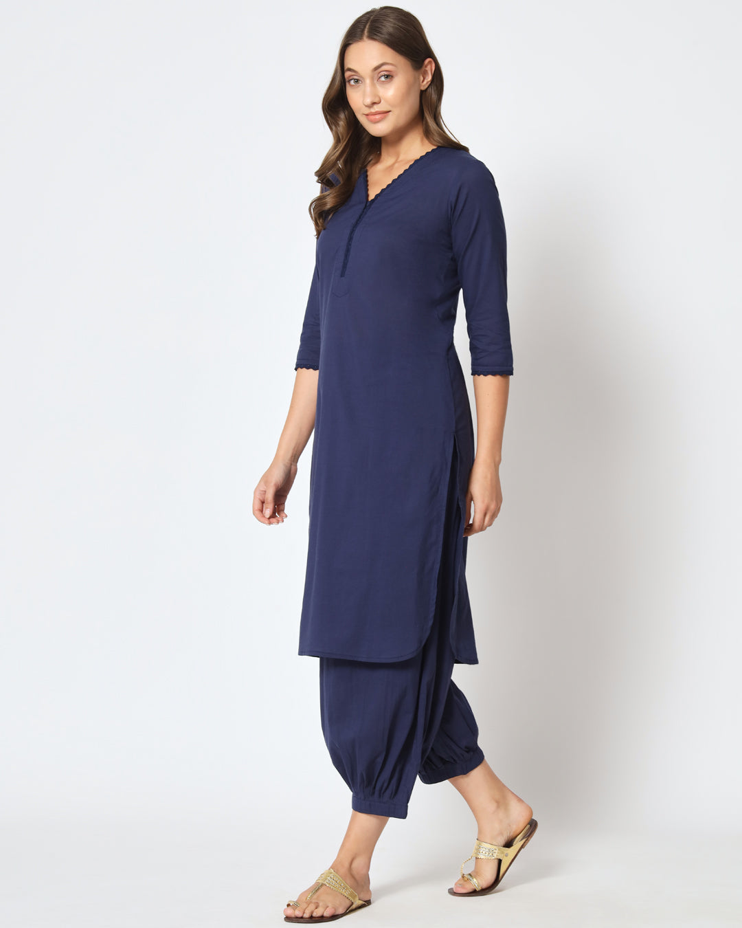 Midnight Blue Lace Affair Solid Kurta (Without Bottoms)