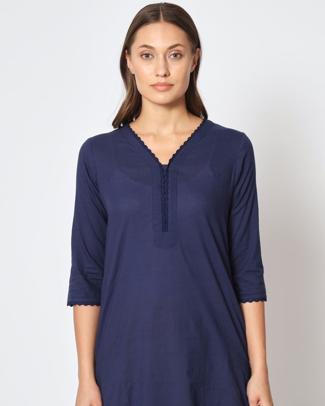 Midnight Blue Lace Affair Solid Kurta (Without Bottoms)