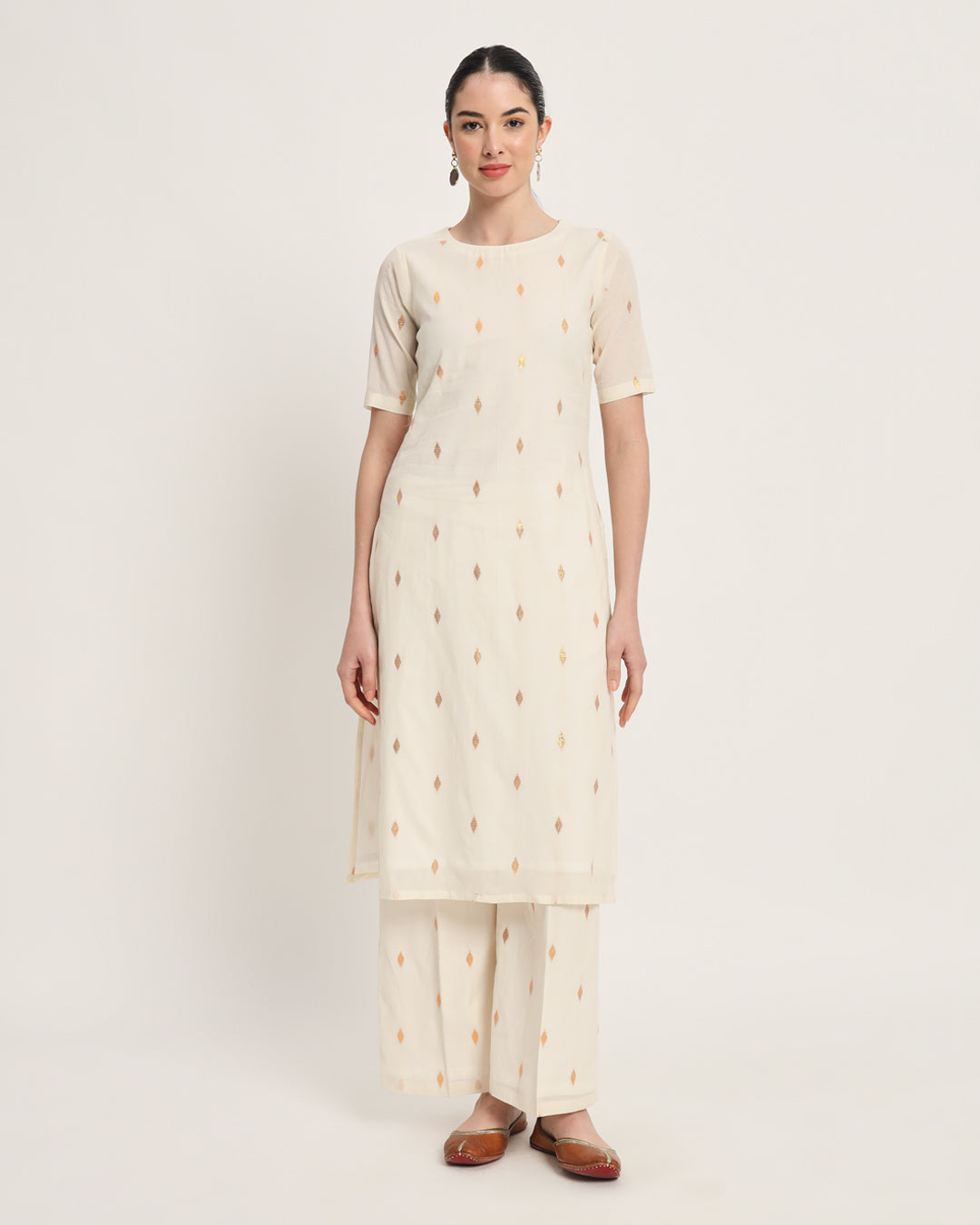 White Glisten Dobby Round Neck Kurta (Without Bottoms)