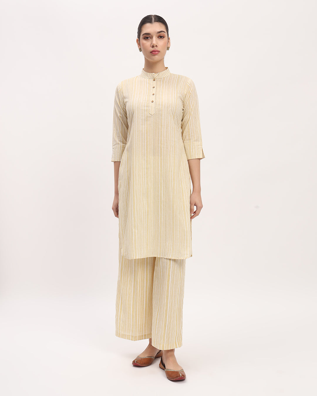Combo: English Floral Garden & Yellow Chic Lines Band Collar Neck Printed Kurta (Without Bottoms)
