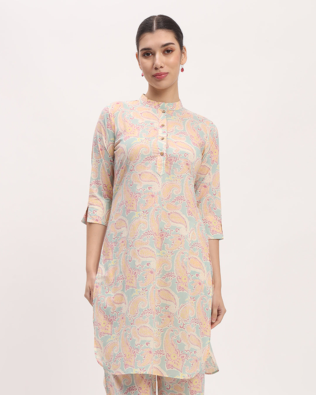Tiffany Blue Paisely Band Collar Neck Printed Kurta (Without Bottoms)