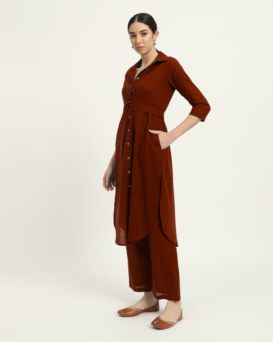 Combo: Iced Grey & Russet Red Bellisimo Belted Solid Kurta