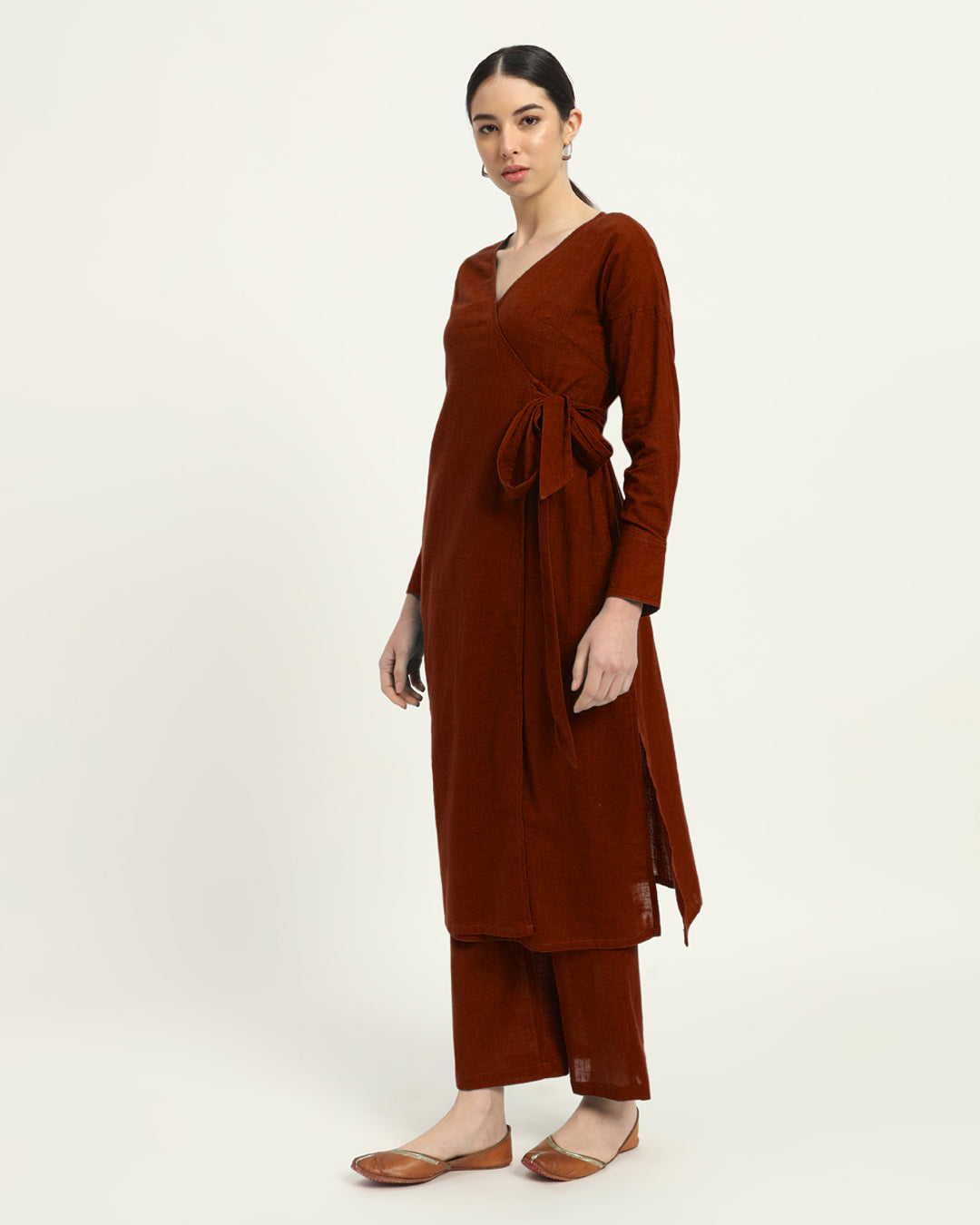 Combo: Beige & Russet Red Ribbon Wrap Solid Kurta