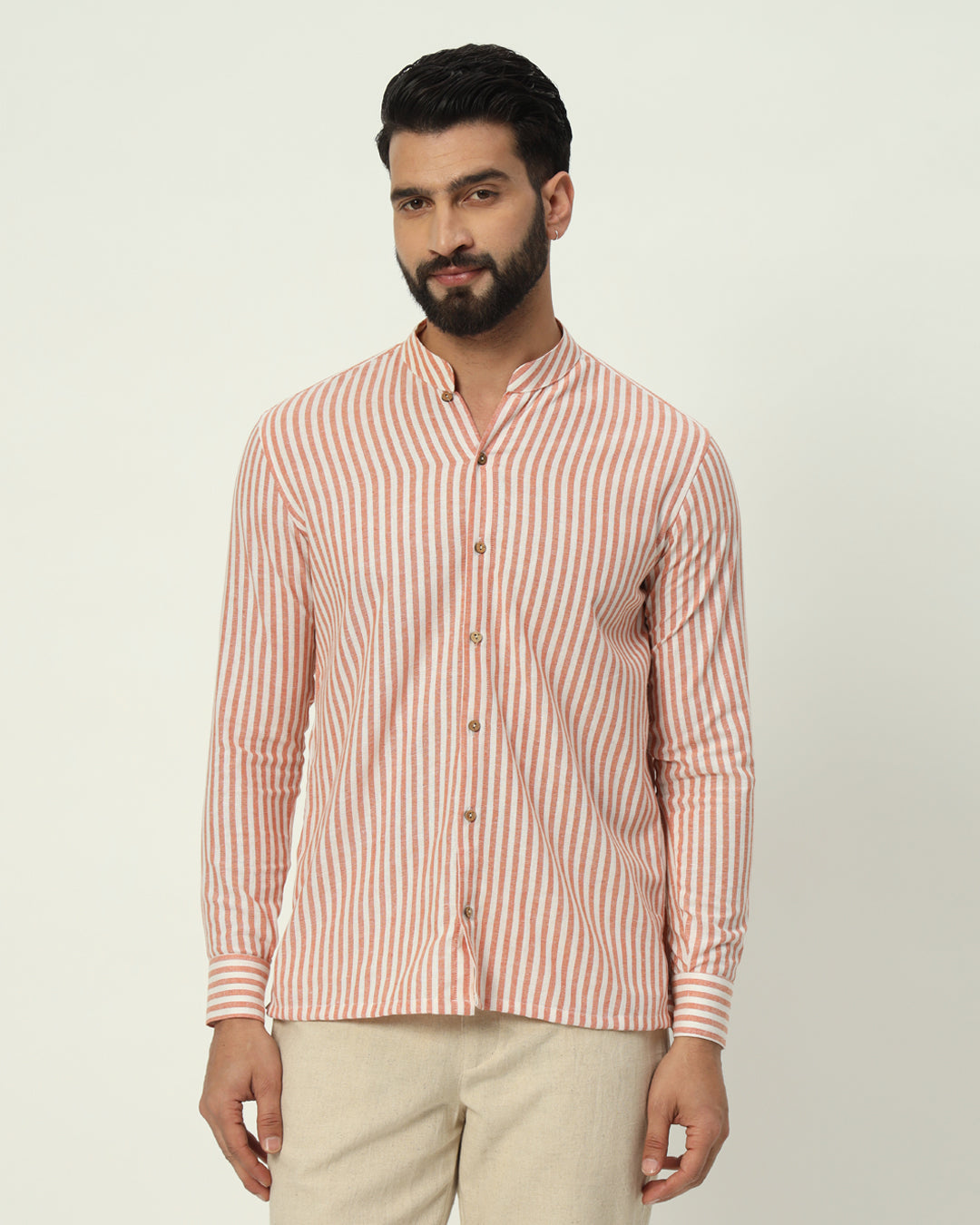 Rustic Charm Stripes Mandarin Collar Men's Shirt