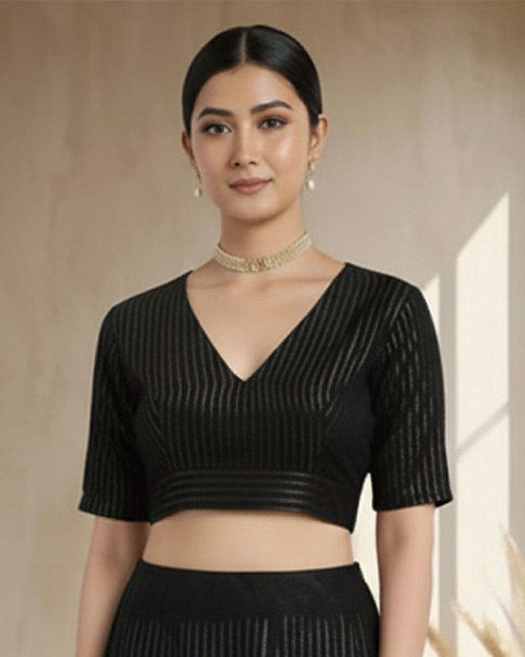 Festive Black Thin Golden Stripes Deep V Blouse