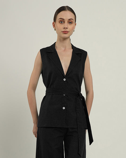 Noir Elegance Echo V-Neck Blazer Top (Without Bottoms)