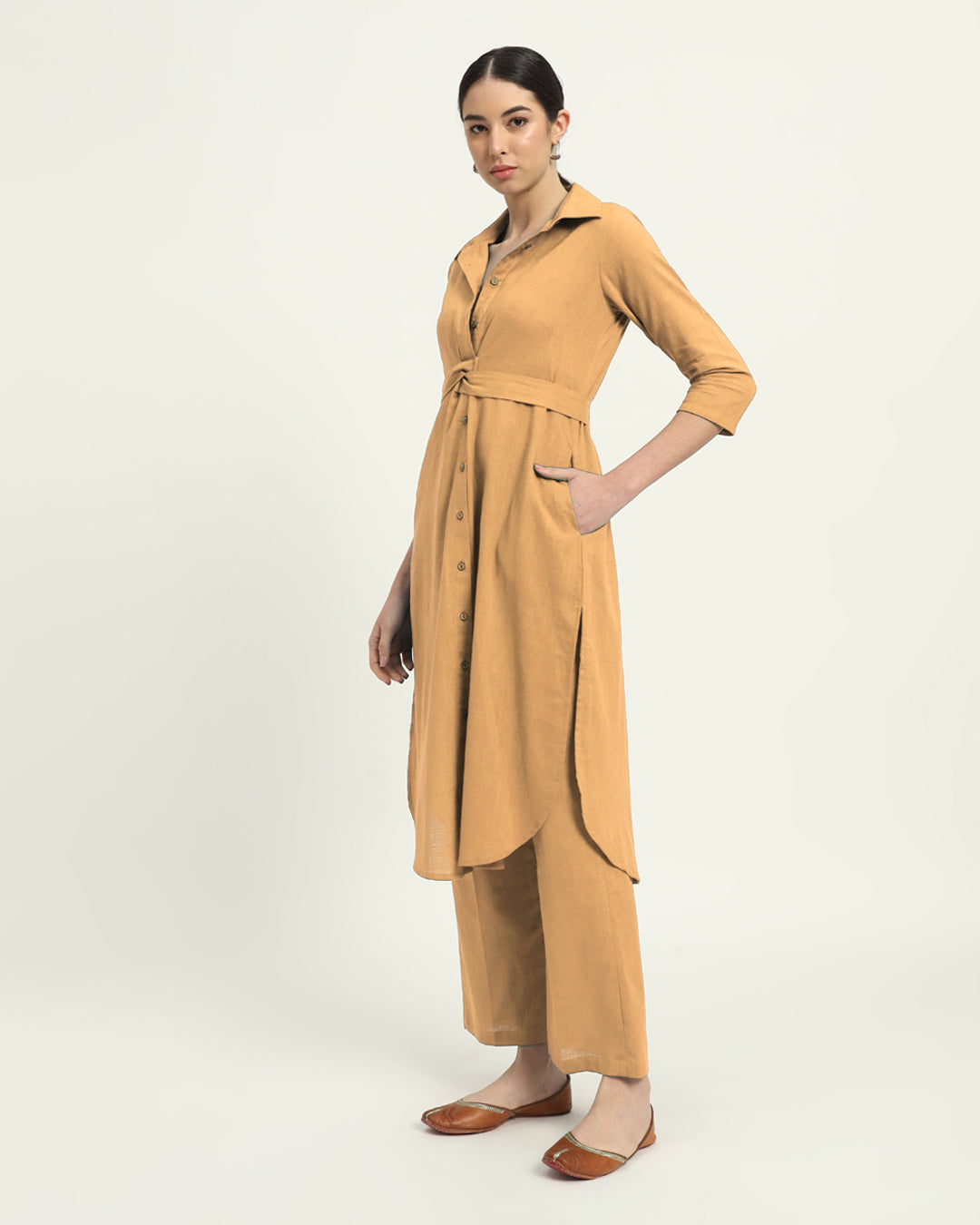 Combo: Beige & Burst Of Lime Bellisimo Belted Solid Kurta