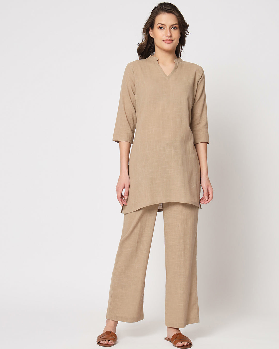Day In Beige Collar Neck Mid Length Solid Co-ord Set