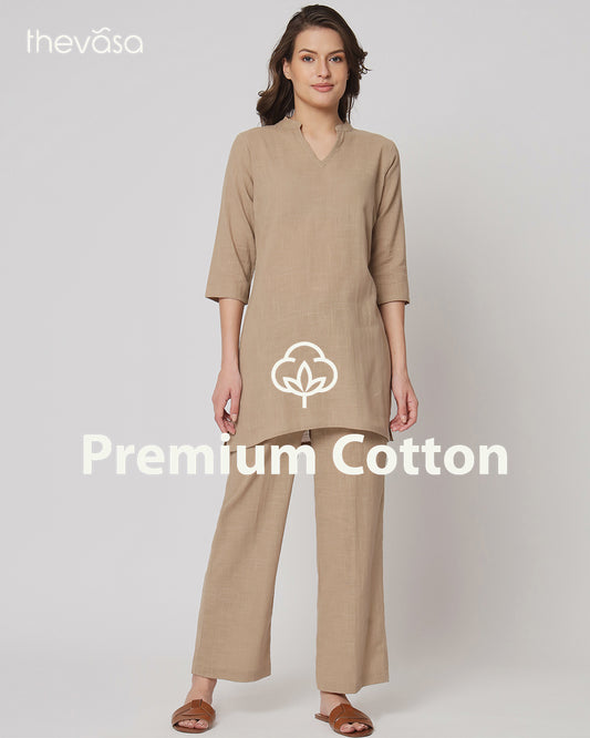 Day In Beige Collar Neck Mid Length Solid Co-ord Set