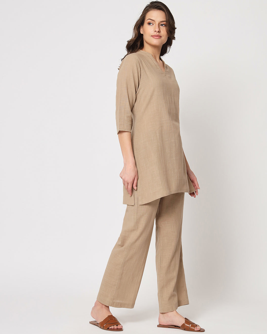 Day In Beige Collar Neck Mid Length Solid Co-ord Set
