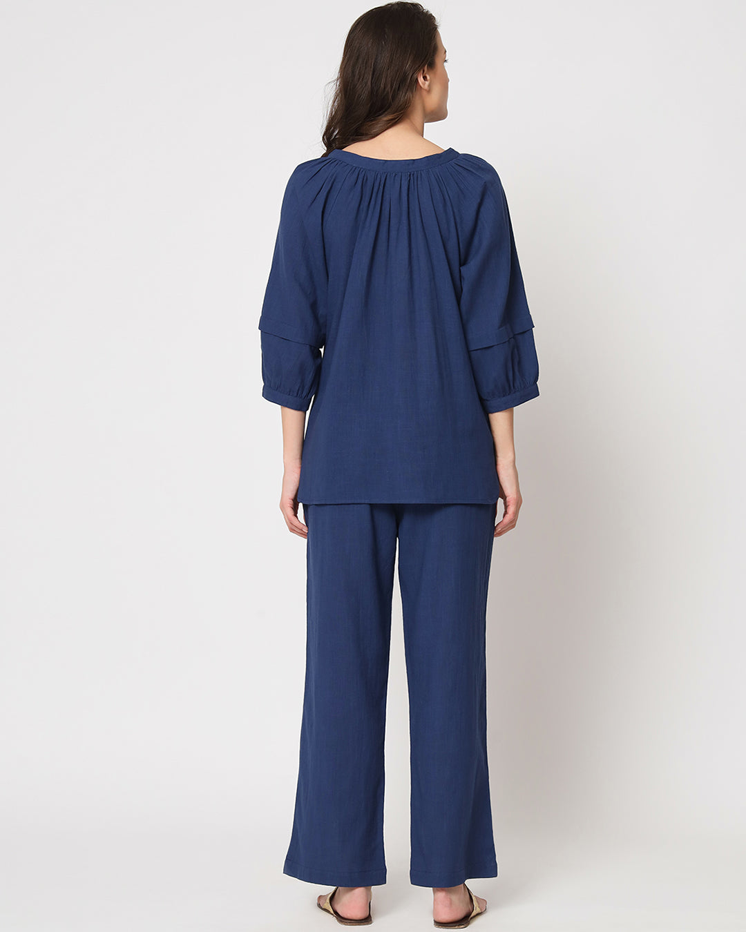 Midnight Blue Button Neck Solid Top (Without Bottoms)